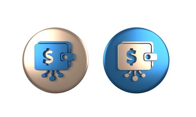 Poster - Colorful Cryptocurrency wallet icon isolated on white background. Wallet and bitcoin sign. Mining concept. Money, payment, cash, pay icon. Circle button. 3D render illustration