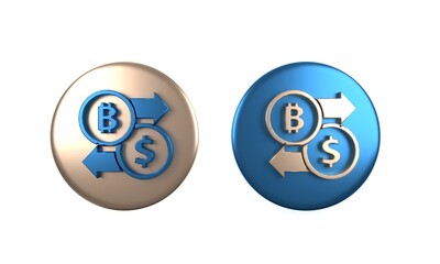 Poster - Colorful Cryptocurrency exchange icon isolated on white background. Bitcoin to dollar exchange icon. Cryptocurrency technology, mobile banking. Circle button. 3D render illustration