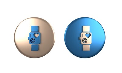 Poster - Colorful Smart watch showing heart beat rate icon isolated on white background. Fitness App concept. Circle button. 3D render illustration