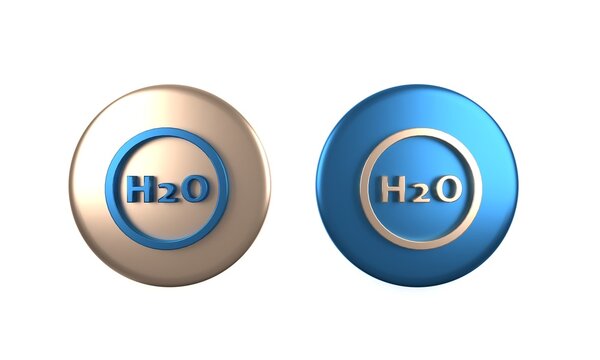 Colorful Chemical formula for water drops H2O shaped icon isolated on white background. Circle button. 3D render illustration