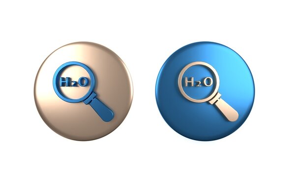 Colorful Chemical formula for water drops H2O shaped icon isolated on white background. Circle button. 3D render illustration