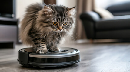 Wall Mural - A fluffy gray kitty with stripes is on a robot vacuum cleaner in the living room. --ar 16:9 --v 6.1 Job ID: 452307b7-d1da-421a-8c94-90a7b100f226