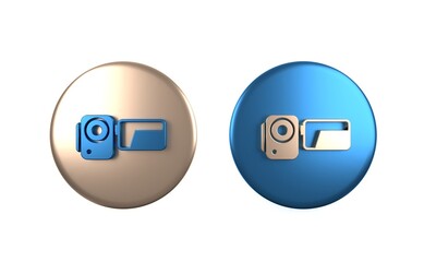 Sticker - Colorful Cinema camera icon isolated on white background. Video camera. Movie sign. Film projector. Circle button. 3D render illustration