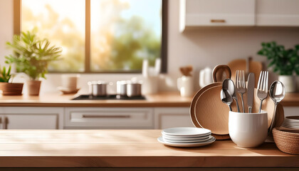 set of clean dishware and cutlery against blurred kitchen interior