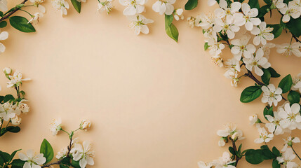 Elegant Spring Blossoming Tree Branch Border on Beige Background