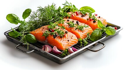 Top view of salmon fillet with fresh herbs on a metal bar grill, isolated white background. The bar grill is made of stainless steel, with a clear texture and the food looks delicious.