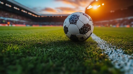 Close-up of a soccer ball on a grassy field with a white line and a blurred stadium in the background.