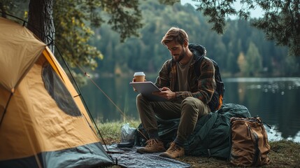 Poster - Sipping coffee and focused on his laptop, a young man finds inspiration in the serene atmosphere of a lakeside campsite
