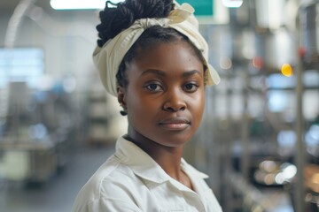 Wall Mural - Portrait of a young female assembly line worker in factory