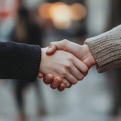 Two hands shake in a gesture of agreement, symbolizing partnership and cooperation.  A close-up of a handshake against a blurry city backdrop.