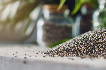 Wall Mural - Close-up of chia seeds scattered on a surface with glass jars in the background, representing healthy eating, superfoods, and nutrition.