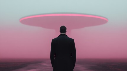 A person in a black coat stands facing a large, futuristic UFO in a surreal, pastel pink landscape, evoking themes of science fiction and mystery.