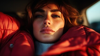 A dramatic, moody close-up of a woman with tousled hair and large lips, wearing an orange coat and lit by natural light, evoking contemplation and introspection.