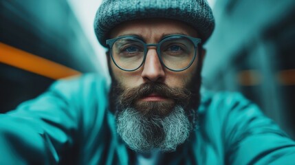 A bearded man with glasses and a grey hat outdoor looks intensely into the camera, wearing a teal jacket, reflecting a blend of modern style and ruggedness.