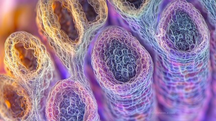 Wall Mural - Close-up view of intestinal villi under a microscope, showing detailed surface structures with realistic colors and textures, emphasizing the absorption function, clear light, realistic photo 8K