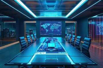 Modern conference room with high tech features and digital displays in a futuristic design