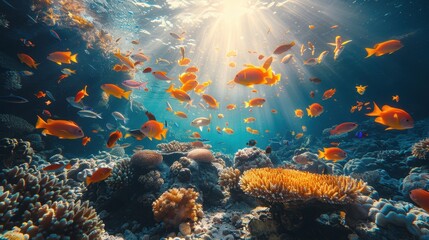 Wall Mural - Sunbeams Illuminate a Vibrant Coral Reef with Fish Swimming Through