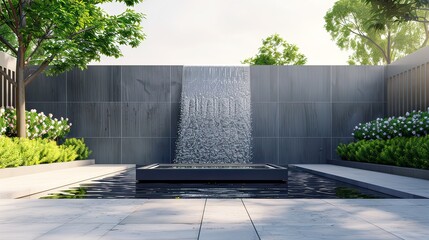 Wall Mural - Modern minimalist garden fountain with a sleek design and clean lines in a contemporary backyard. 