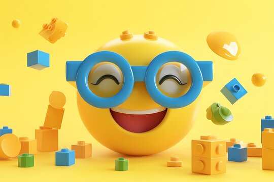 3d emoji with yellow glasses emoticon symbol icon on blue background. 3D Illustration