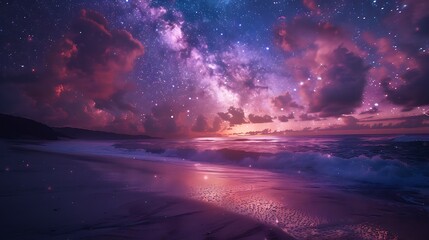 Wall Mural - A beautiful sunset over the ocean with a palm tree in the background. The sky is filled with stars and the water is calm. Landscape wallpapers.