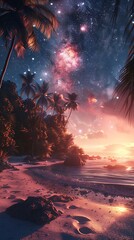 Wall Mural - A beautiful sunset over the ocean with a palm tree in the background. The sky is filled with stars and the water is calm. Landscape wallpapers.