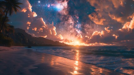 Wall Mural - A beautiful sunset over the ocean with a palm tree in the background. The sky is filled with stars and the water is calm. Landscape wallpapers.
