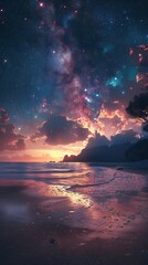 Wall Mural - A beautiful sunset over the ocean with a palm tree in the background. The sky is filled with stars and the water is calm. Landscape wallpapers.