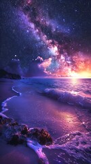 Wall Mural - A beautiful sunset over the ocean with a palm tree in the background. The sky is filled with stars and the water is calm. Landscape wallpapers.