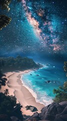 Wall Mural - A beautiful sunset over the ocean with a palm tree in the background. The sky is filled with stars and the water is calm. Landscape wallpapers.