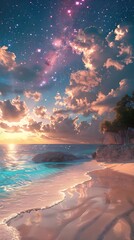 Wall Mural - A beautiful sunset over the ocean with a palm tree in the background. The sky is filled with stars and the water is calm. Landscape wallpapers.