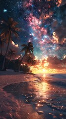 Wall Mural - A beautiful sunset over the ocean with a palm tree in the background. The sky is filled with stars and the water is calm. Landscape wallpapers.