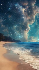 Wall Mural - A beautiful sunset over the ocean with a palm tree in the background. The sky is filled with stars and the water is calm. Landscape wallpapers.