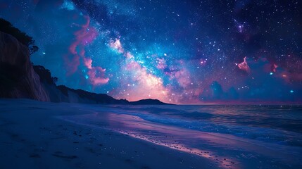 Wall Mural - A beautiful sunset over the ocean with a palm tree in the background. The sky is filled with stars and the water is calm. Landscape wallpapers.