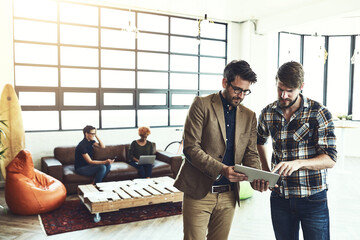 Aufkleber - office, teamwork and business people with tablet for solution, research and connect for information.