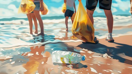 Wall Mural - Group of community eco volunteers remove plastic waste from beach shore, ocean pollution ecological protection, environmental conservation, illustration