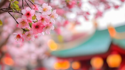 Sticker - Delicate Pink Cherry Blossoms in Blurred Background.