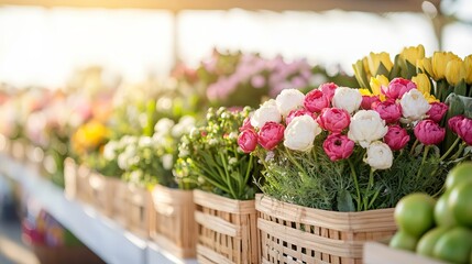 Wall Mural - Fresh Flowers in Baskets at a Market.