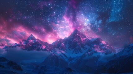 Wall Mural - A beautiful night sky with mountains in the background and a colorful cloud of light. The sky is filled with stars and the mountains are covered in snow. The scene is peaceful and serene