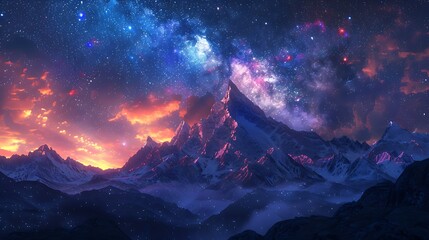 a beautiful night sky with mountains in the background and a colorful cloud of light. the sky is fil