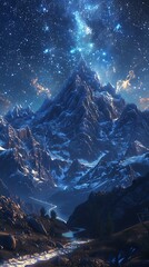 Wall Mural - A beautiful night sky with mountains in the background and a colorful cloud of light. The sky is filled with stars and the mountains are covered in snow. The scene is peaceful and serene
