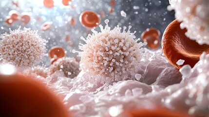 Wall Mural - Microscopic view of white blood cells fighting infection, with detailed cell interaction, realistic textures, and scientifically accurate color representation, clear light, realistic photo 8K