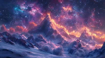 Wall Mural - A beautiful night sky with mountains in the background and a colorful cloud of light. The sky is filled with stars and the mountains are covered in snow. The scene is peaceful and serene