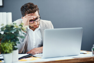 Poster - man, laptop and headache in office with stress, mistake or thinking of solution with fatigue at insu
