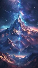 Wall Mural - A beautiful night sky with mountains in the background and a colorful cloud of light. The sky is filled with stars and the mountains are covered in snow. The scene is peaceful and serene