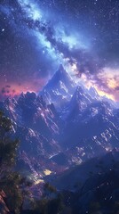 Wall Mural - A beautiful night sky with mountains in the background and a colorful cloud of light. The sky is filled with stars and the mountains are covered in snow. The scene is peaceful and serene