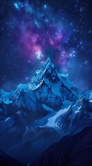 Wall Mural - A beautiful night sky with mountains in the background and a colorful cloud of light. The sky is filled with stars and the mountains are covered in snow. The scene is peaceful and serene