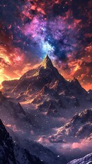 Wall Mural - A beautiful night sky with mountains in the background and a colorful cloud of light. The sky is filled with stars and the mountains are covered in snow. The scene is peaceful and serene