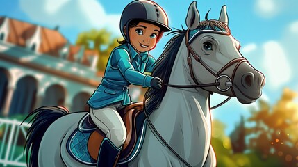 Illustration happy young girl enjoying horseback ride at equestrian club in picturesque outdoor ranch