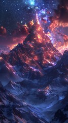 Wall Mural - A beautiful night sky with mountains in the background and a colorful cloud of light. The sky is filled with stars and the mountains are covered in snow. The scene is peaceful and serene