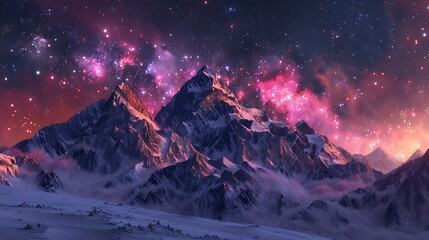 Wall Mural - A beautiful night sky with mountains in the background and a colorful cloud of light. The sky is filled with stars and the mountains are covered in snow. The scene is peaceful and serene